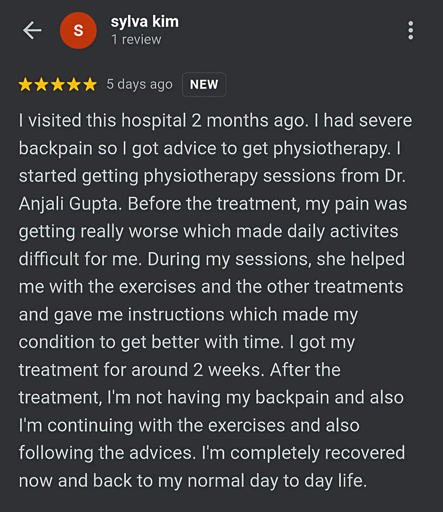 Patient review screenshot 10 for Dr. Anjali's Physiotherapy & Rehab, Wakad, Pune