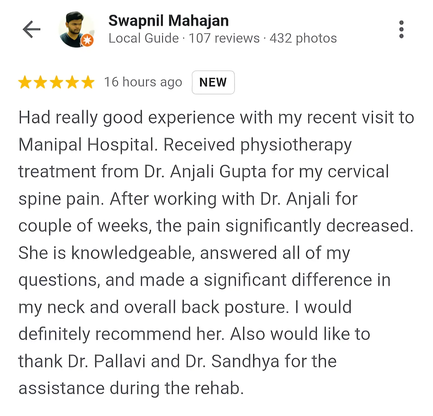 Patient review screenshot 2 for Dr. Anjali's Physiotherapy & Rehab, Wakad, Pune