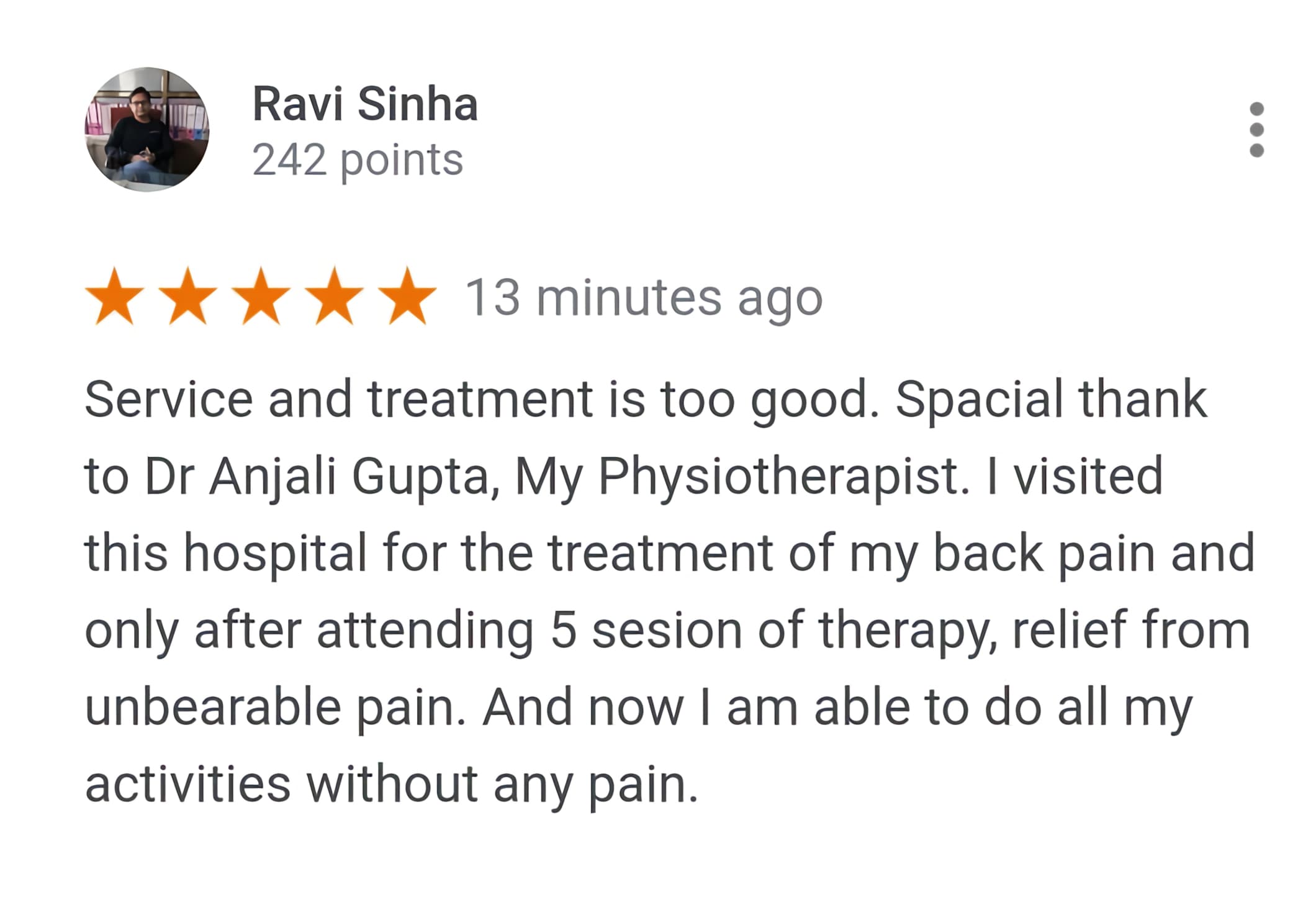 Patient review screenshot 5 for Dr. Anjali's Physiotherapy & Rehab, Wakad, Pune