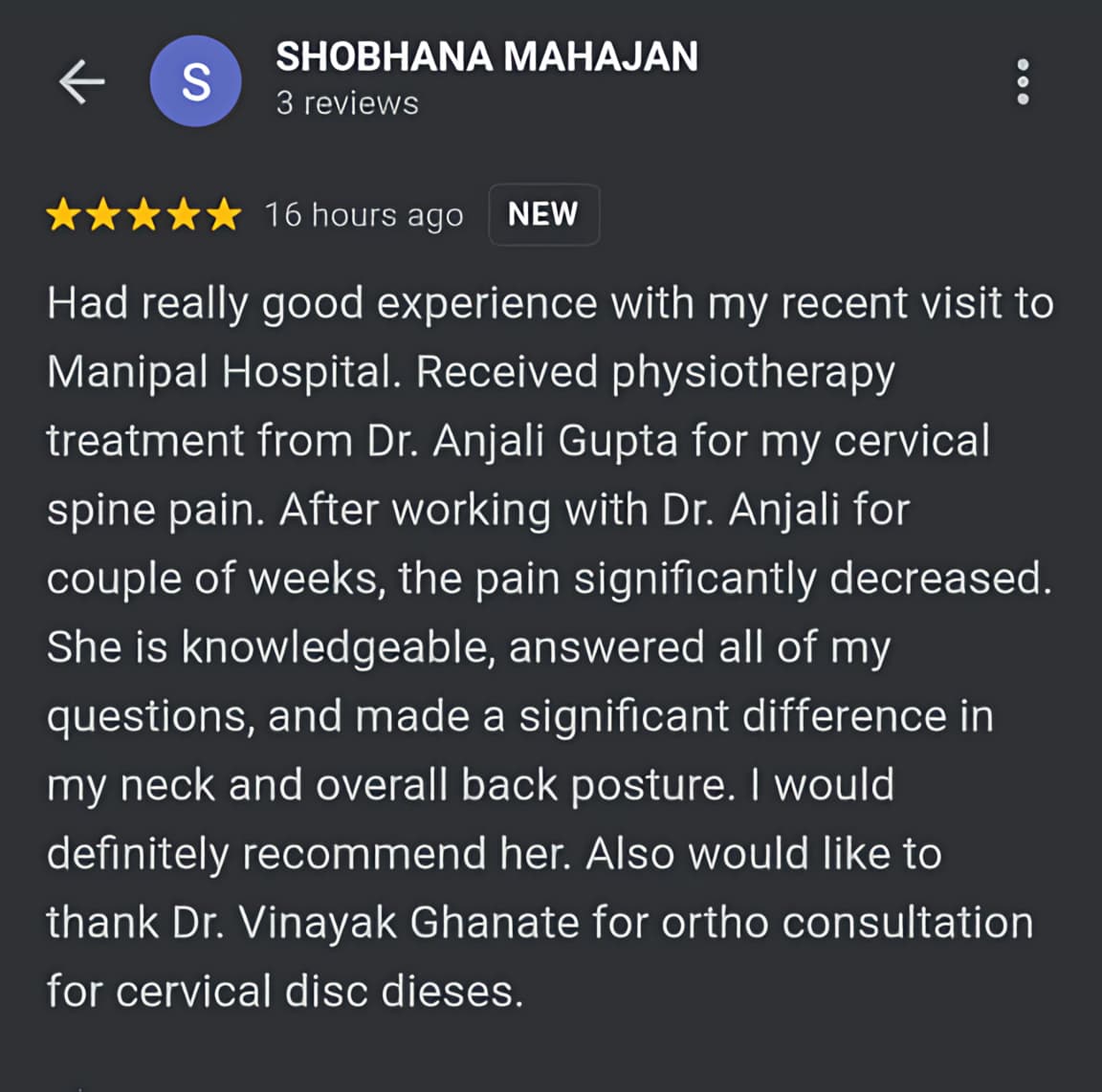 Patient review screenshot 7 for Dr. Anjali's Physiotherapy & Rehab, Wakad, Pune